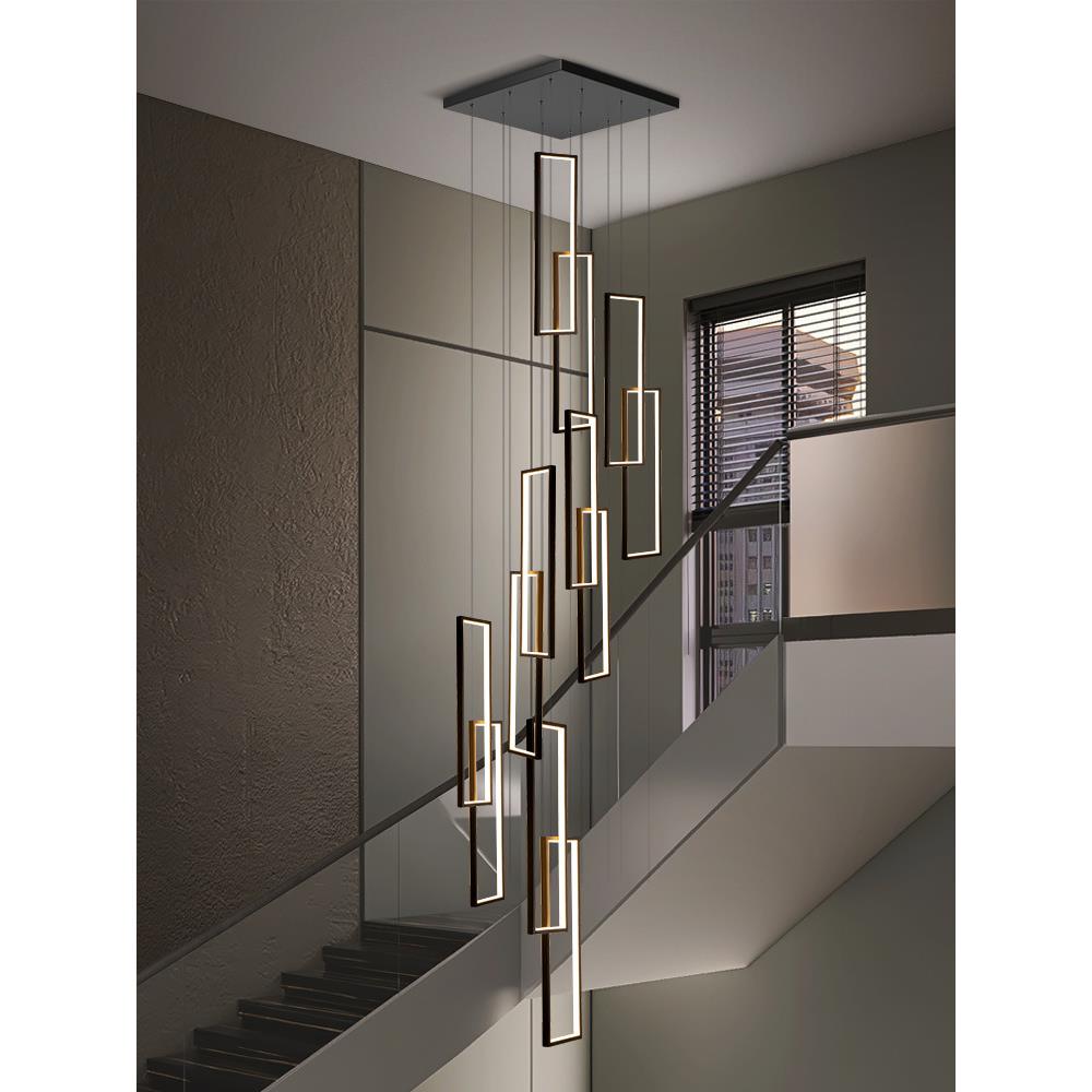 极简楼梯吊灯现代简约创意黑色方框别墅中空灯具复式楼客厅大吊灯