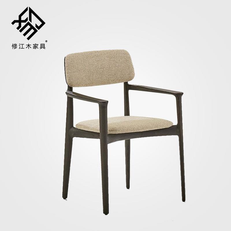 实木布艺餐椅家用现代简约扶手棉麻椅子意式靠背书桌椅设计师北欧