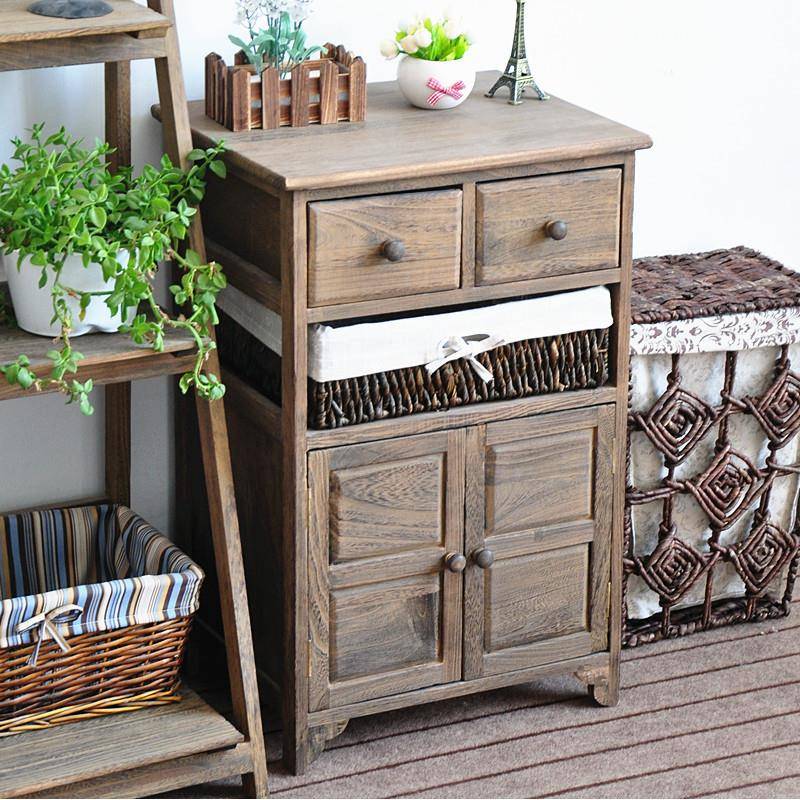 藤编收纳柜卧室复古柜子抽屉式木质储物柜美式田园简约实木床头柜