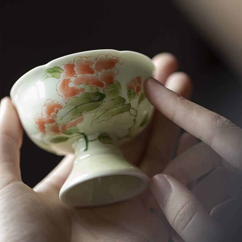明知山志 果青牡丹知心棠梨高足杯 仿宋高足茶杯手绘牡丹花品茗杯