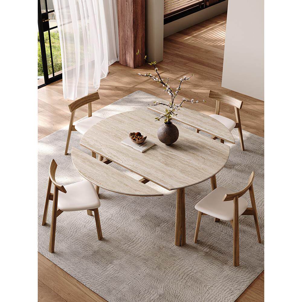 实木洞石岩板餐桌可变圆桌小户型伸缩饭桌家用中古风高级感餐桌椅