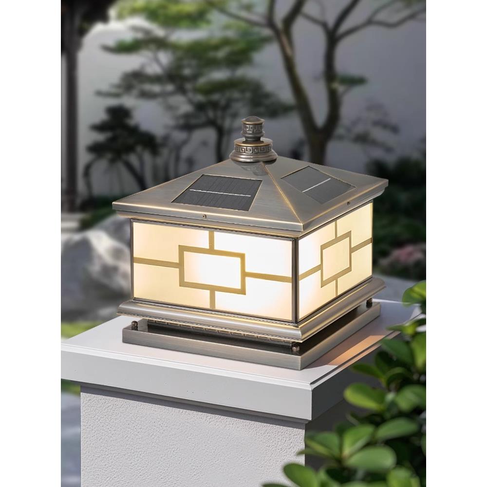 全铜太阳能防水柱头灯户外欧式别墅庭院灯室外大门围墙柱灯接电款