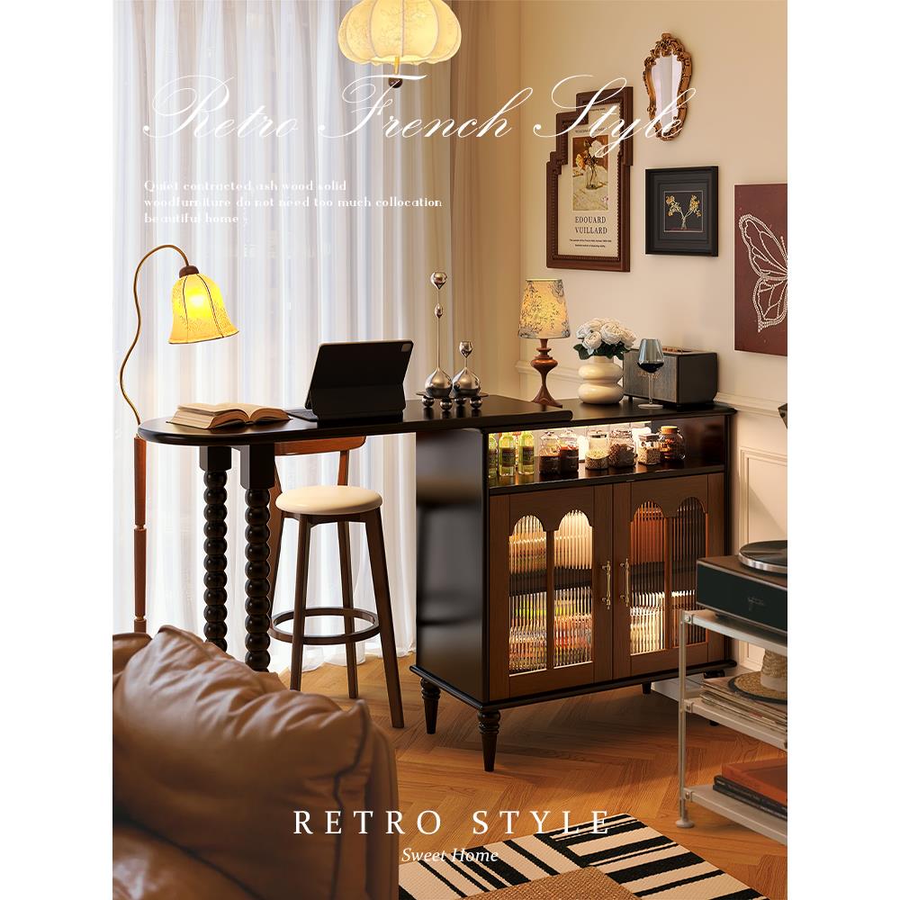 法式覆古实木吧台桌家用小户型高脚桌中古风吧台柜一体客厅岛台柜