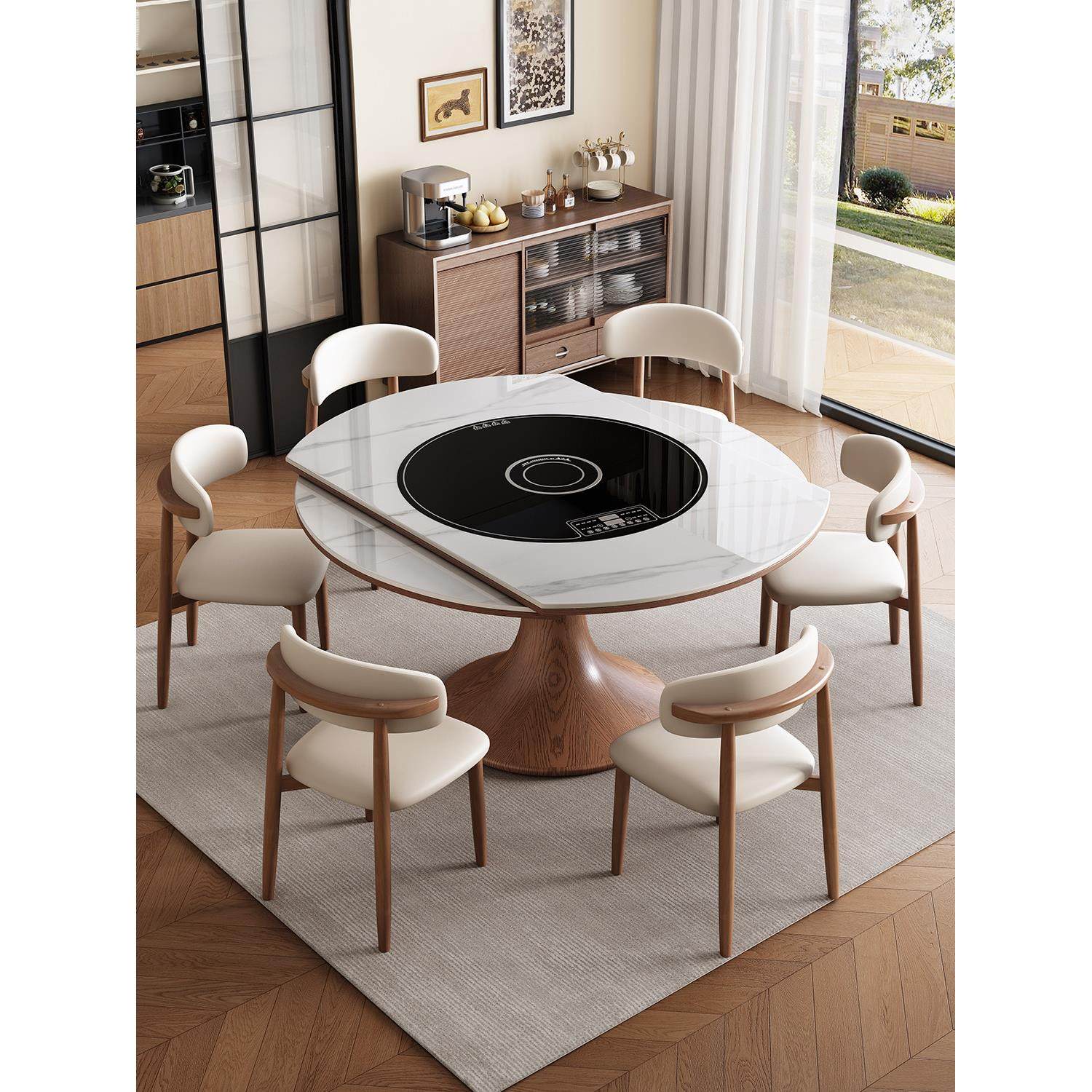 高端实木岩板伸缩折叠内嵌电磁炉餐桌椅家用小户型方圆两用大圆桌,住宅家具,岩板餐桌,淘宝优惠券,粉丝福利购,淘宝优惠卷