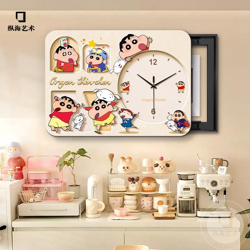 蜡笔小新电表箱装饰画带钟表免打孔遮挡配电箱强电箱盖板时钟挂画