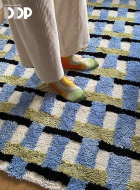 DDP原创手工重工编织轻奢蓝绿格纹卧室客厅家用簇绒地毯博主ins