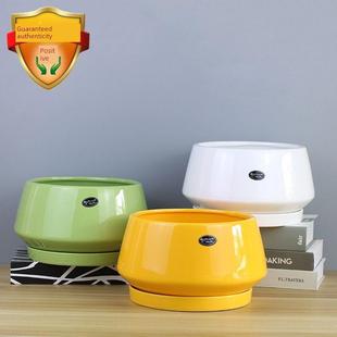 北欧陶瓷花盆大口径带托盘现代简约创意圆形矮胖绿萝吊兰花盆大号