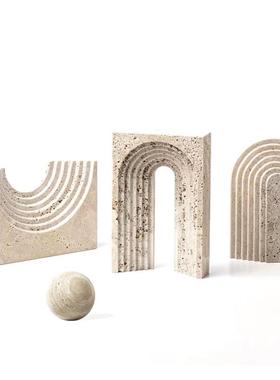 现代轻奢侘寂黄洞大理石几何层叠拱门刻纹摆件样板间装饰摆件