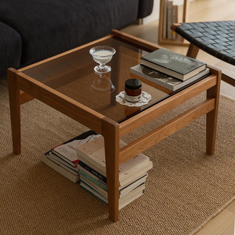 芳与里樱桃木实木茶色玻璃茶几中古法式小户型北欧边几