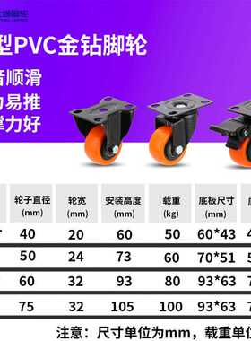 新款直销跨境出口双轴承橙色金钻万象轮1.5寸2寸3寸耐磨PVC家具行