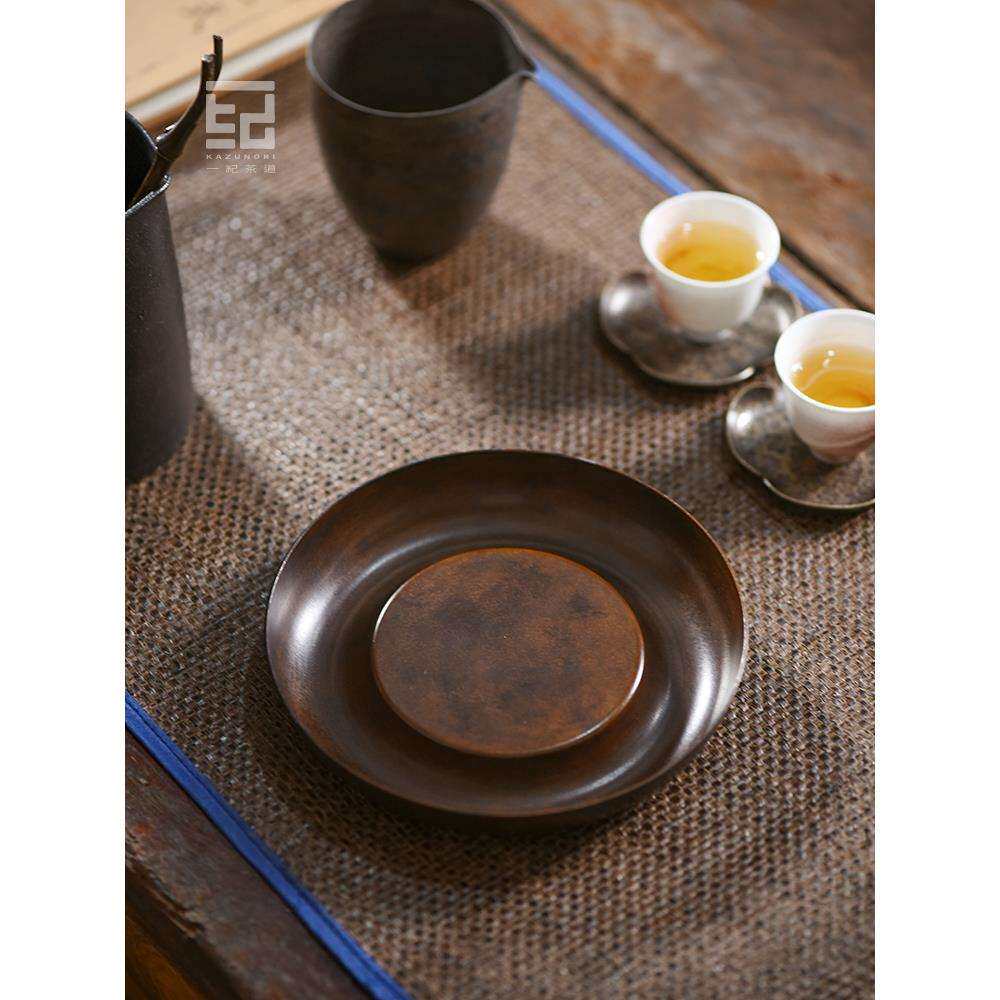日式手工复古圆形紫铜壶承干泡茶台小托盘储水茶盘养壶垫茶具