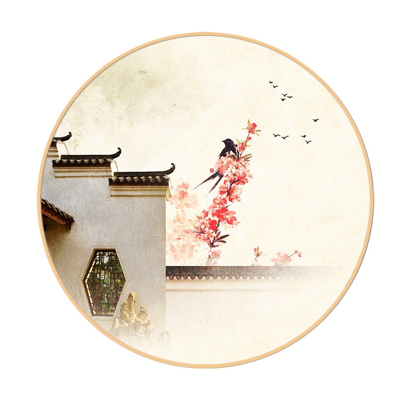 新中式客厅圆形装饰画餐厅挂画民族古典建筑壁画中国风圆框画墙画图片