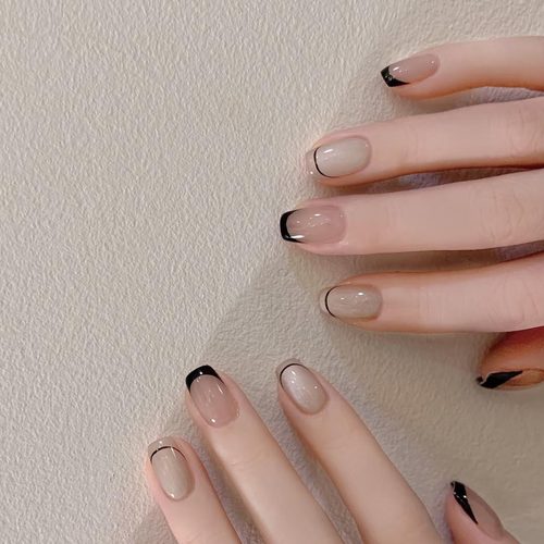 黑色线条法式美甲2025假指甲
