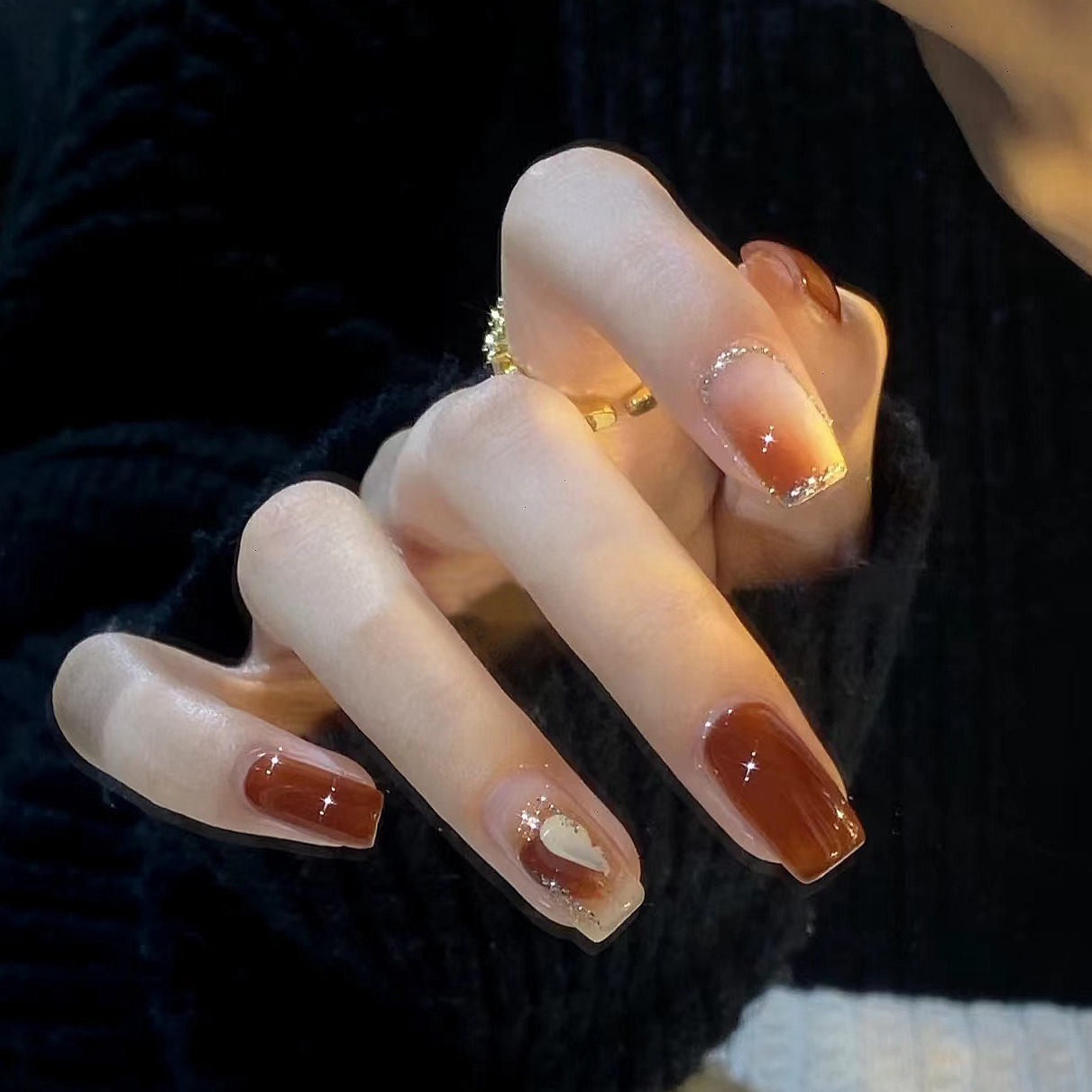 秋冬季焦糖琥珀涂鸦晕染穿戴甲气质显白双色渐变美甲成品手工定制
