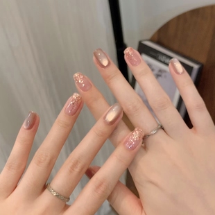 奶茶裸猫眼亮片爆闪手工穿戴甲玻璃珠猫眼冰透高级感百搭显白日常