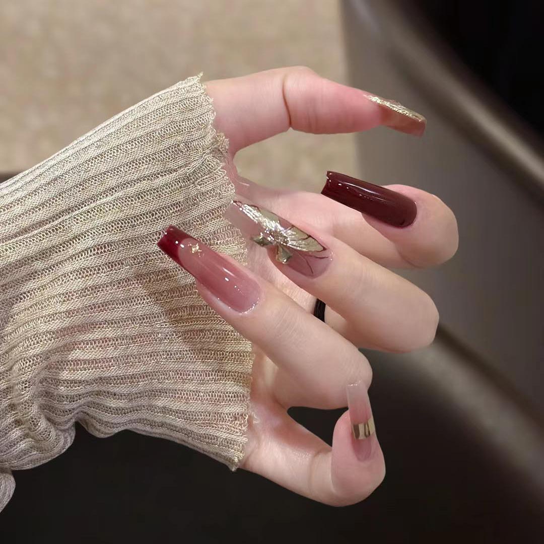 仙女金箔蝴蝶酒红猫眼法式高级感