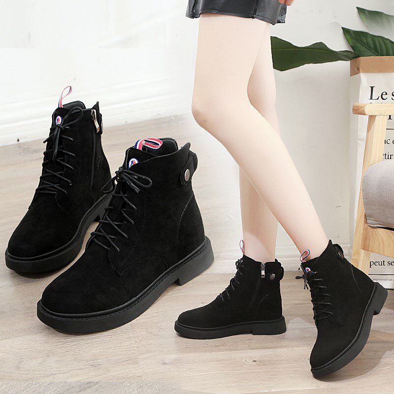 2024秋冬新款百搭平底单鞋女马丁靴英H伦风加绒女短靴内增高棉靴