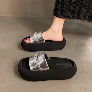 晚风松糕厚底增高沙滩凉拖 新款 高级感水钻一字拖鞋 女外穿2024夏季