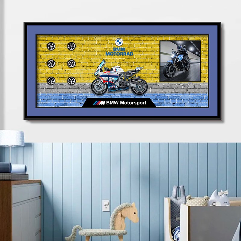 立体积木摩托机车装饰画积木上墙相框客厅实物画玄关走廊儿童卧室