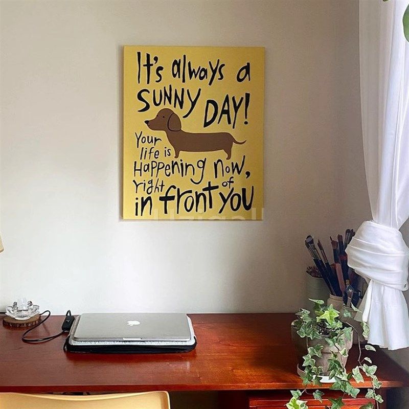 可爱腊肠狗~明亮黄色无框装饰画韩国ins风抽象英文卧室挂画落地画,家居饰品,现代装饰画,淘宝优惠券,粉丝福利购,淘宝优惠卷