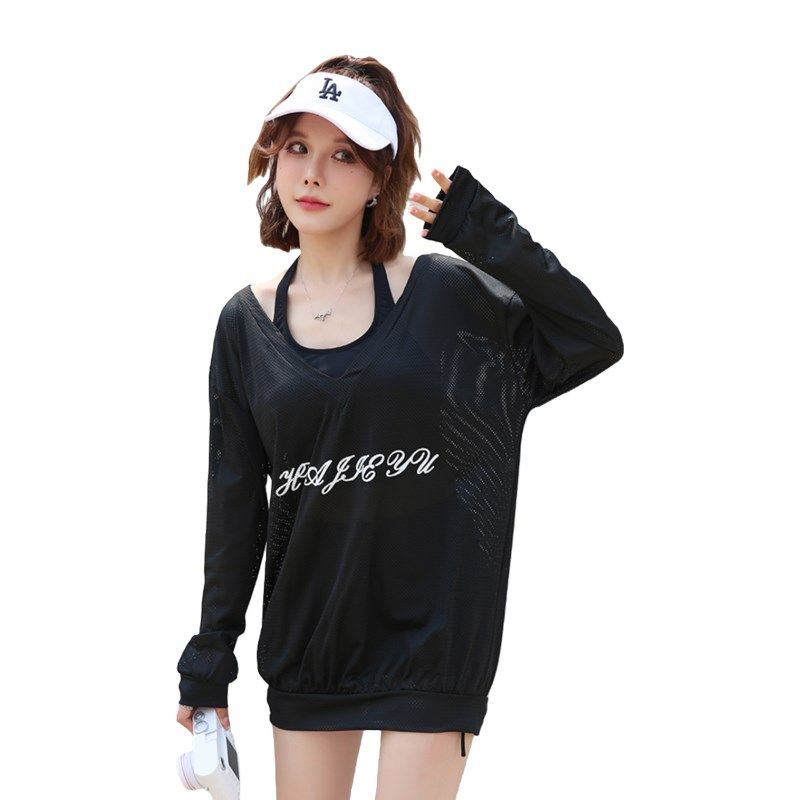 黑色微胖泳衣女遮肉显瘦休闲款分体三件套罩衫长袖挂脖简约泡温泉