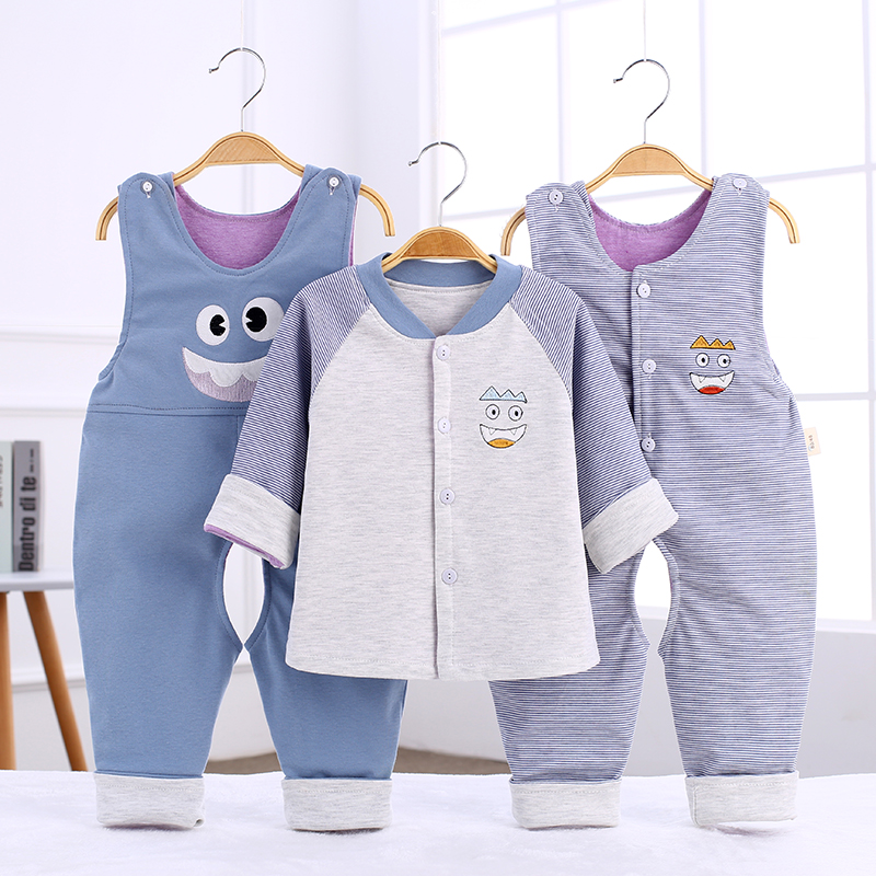 婴儿背带裤套装男女宝宝双层夹衣三件套9春秋薄款双背带裤A类