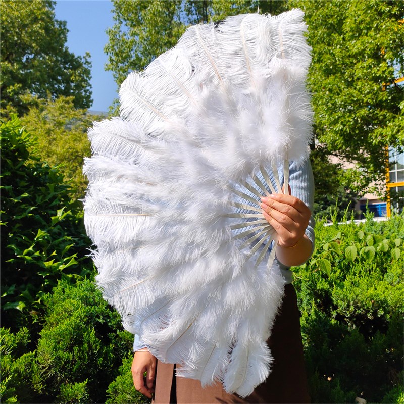 定制欧式白色扇骨鸵鸟羽毛扇 肚皮舞蹈酒吧表演演唱 道具跳舞扇子