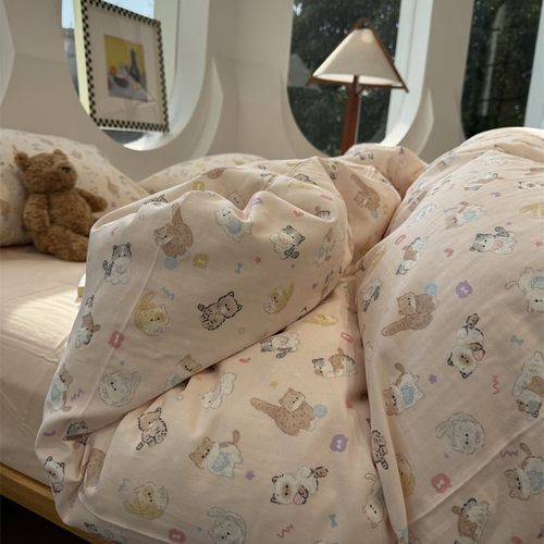 萌宠乐园~卡通可爱少女心双层纱粉嫩小猫纯棉四件套1.5m1.8米全棉