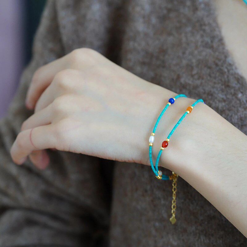 兰时叙天然原矿高瓷绿松石湖北蓝松极细1.5mm双层手链多宝珍珠女