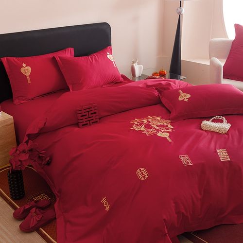 简约红色新婚四件套喜字刺绣被套结婚床单女方陪嫁娶婚房床上用品