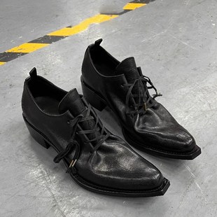 小众翘头模特巫师鞋男女走秀潮款尖头皮鞋高跟厚底德比鞋增高休闲