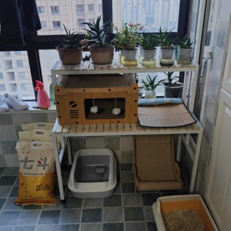 阳台实木阶梯猫爬架大空间猫窝铁艺花架二层多功能宠物用品置物架