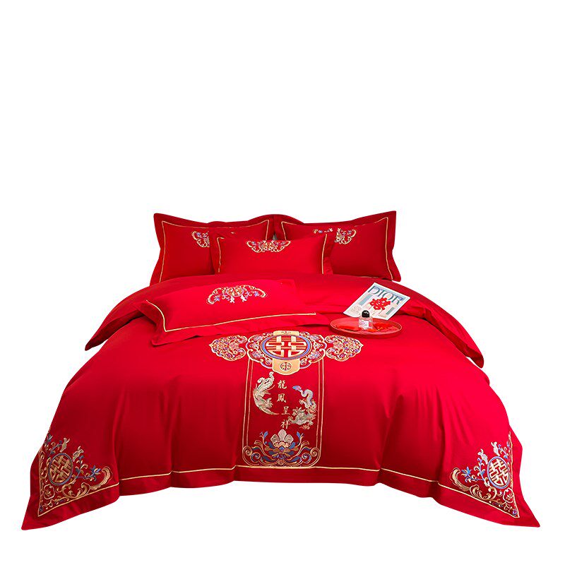 中式龙凤刺绣红色结婚四件套婚庆陪嫁床单被套床上用品喜被新婚嫁
