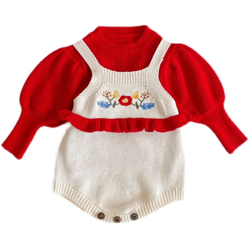 秋冬装婴幼儿灯笼袖女宝宝婴儿红色毛衣木耳边哈衣爬服两件套年服