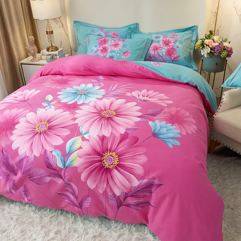 加厚全棉花卉四件套100床上用品简约秋冬季磨毛双人被套床单4