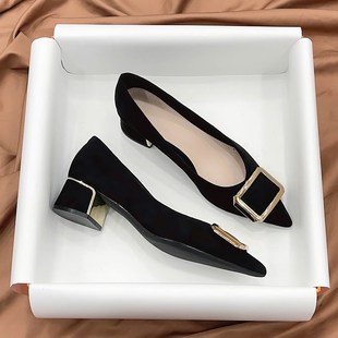 尖头粗跟单鞋女中跟2025新款春秋浅口软底百搭绒面气质工作高跟鞋