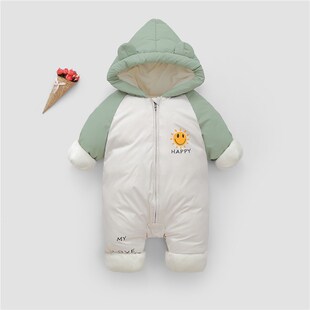 冬季新款婴幼儿羽绒棉爬服新生儿加绒加厚抱衣男女宝宝连体衣哈衣