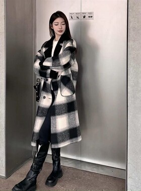 洋气格纹毛呢大衣情侣款2024年秋冬长款宽松风衣女两面穿  1917#