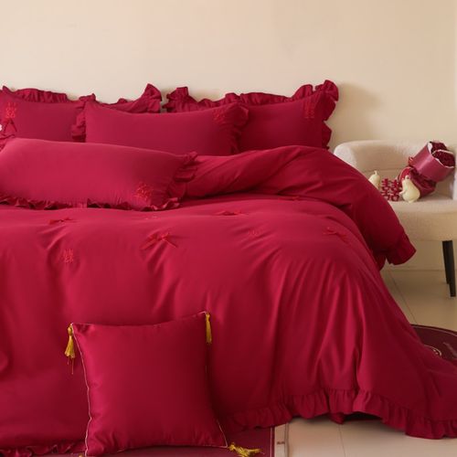 法式浪漫结婚100支床单四件套婚庆喜被套大红色婚嫁床上用品4