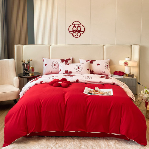 简约100支婚庆红色四件套印花结婚被套床单婚嫁新房喜被床上用品4