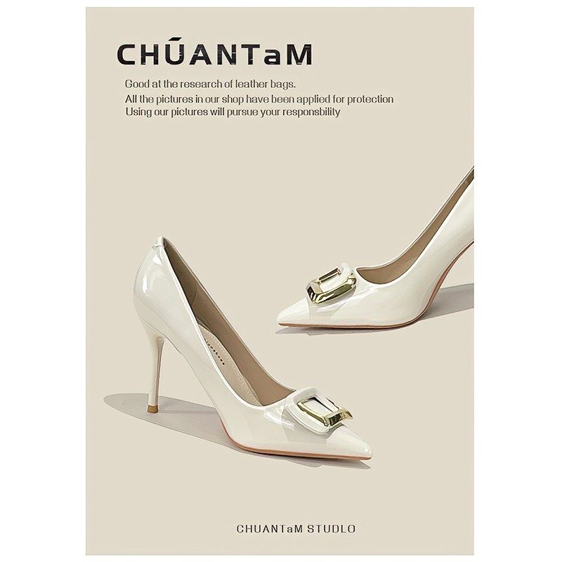 白色细跟高跟鞋女2024年新款秋冬漆皮时尚百搭一脚蹬尖头浅口单鞋