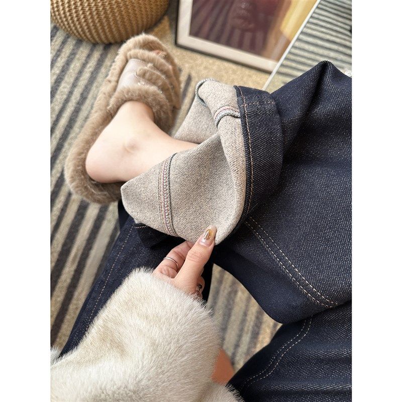 时髦出街!~深色显瘦立体侧骨阔腿裤女秋冬加绒保暖宽松牛仔长裤