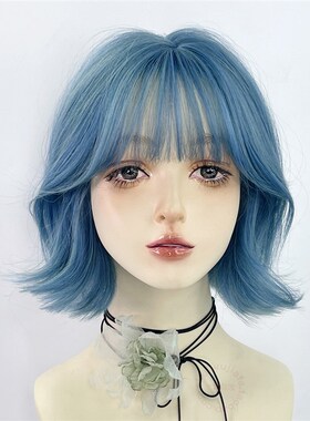 蓝色假发短发全头套女lolita日韩辣妹韩式短卷发jk女团y2k彩色