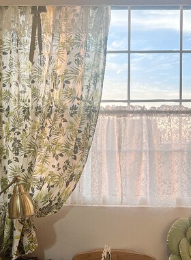 美式小清新绿植窗帘半p帘穿杆挂钩栀子花免打孔门帘粘贴魔术贴定