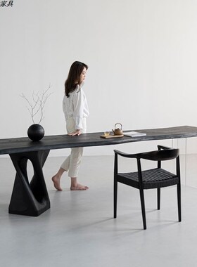 侘寂风实木茶桌黑色餐桌碳化原木大板桌现代N简约办公桌工作台定