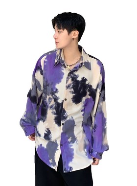 紫色涂鸦个性印花长袖宽松衬衫潮男发型师春夏季垂感休闲花衬衣薄