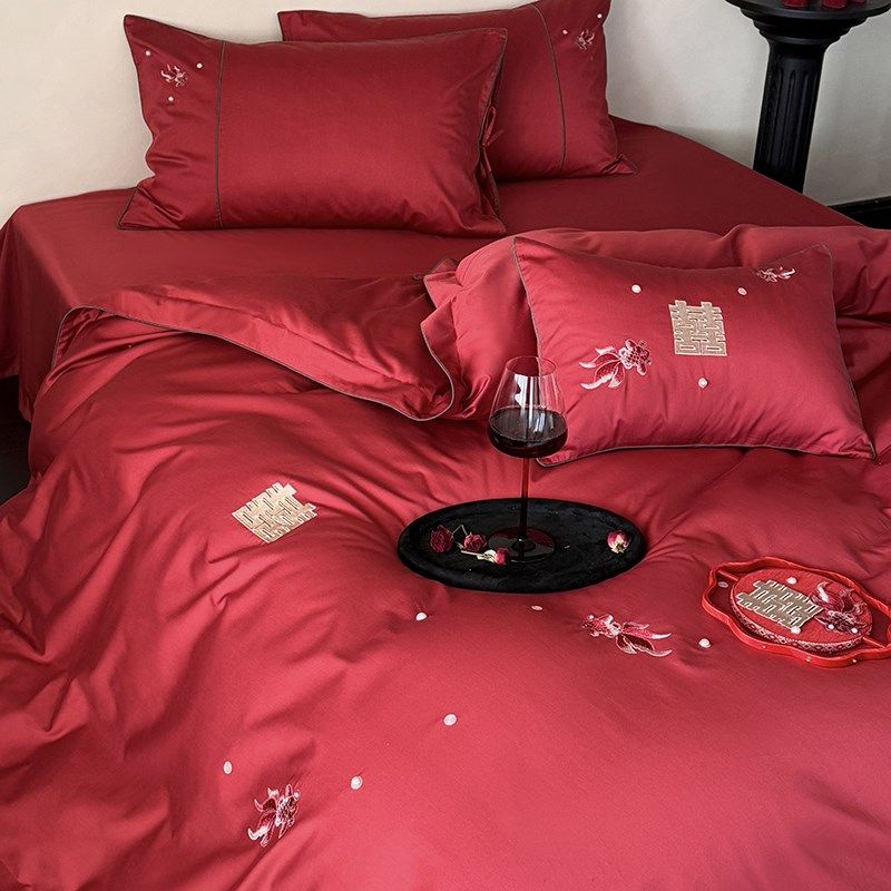 甜蜜婚庆红色长绒棉四件套新婚金玉满堂刺绣喜被套结婚用床上用品,床上用品,婚庆床品套件,淘宝优惠券,粉丝福利购,淘宝优惠卷