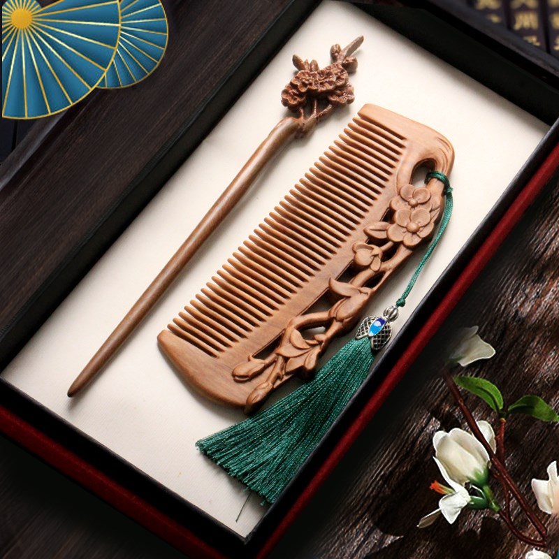 养发护发梳子绿檀木梳子女士家用木梳防脱发送女友礼物雕花梳发簪