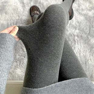 竖条纹灰色打底裤冬外穿加绒加厚z大码胖mm连裤袜女弹力显瘦不掉