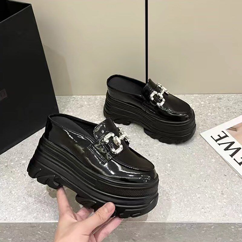 无后跟包头厚底半拖鞋女内增高10cm外穿水钻小皮鞋松糕懒人凉拖鞋